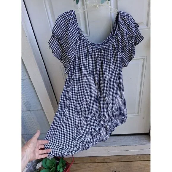 Women's Plus 2X 20W-22W Top Terra & Sky Pullover Black & White Check Cap Sleeves - Picture 7 of 7